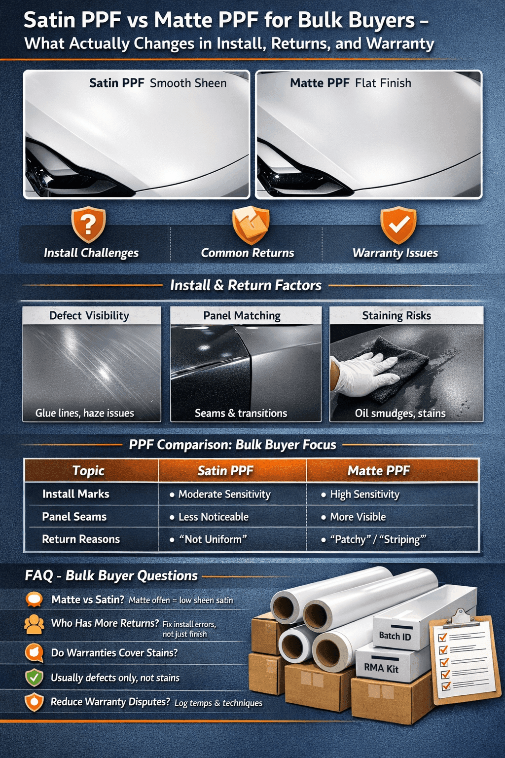 Satin PPF vs Matte PPF for Bulk Buyers – What Actually Changes in Install, Returns, and Warranty